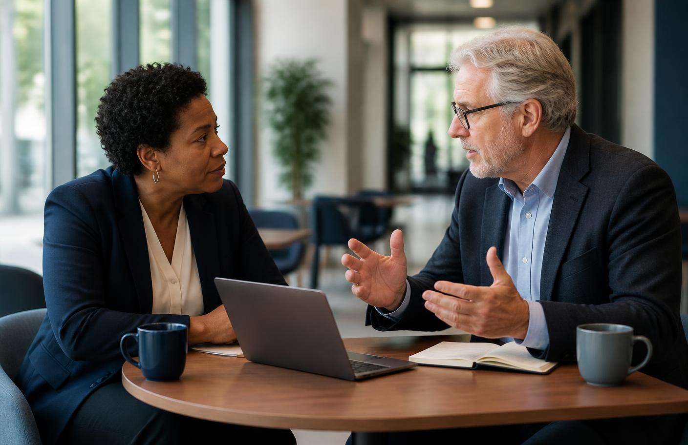 Two consultants in conversation across a table, one explaining while the other listens and takes notes