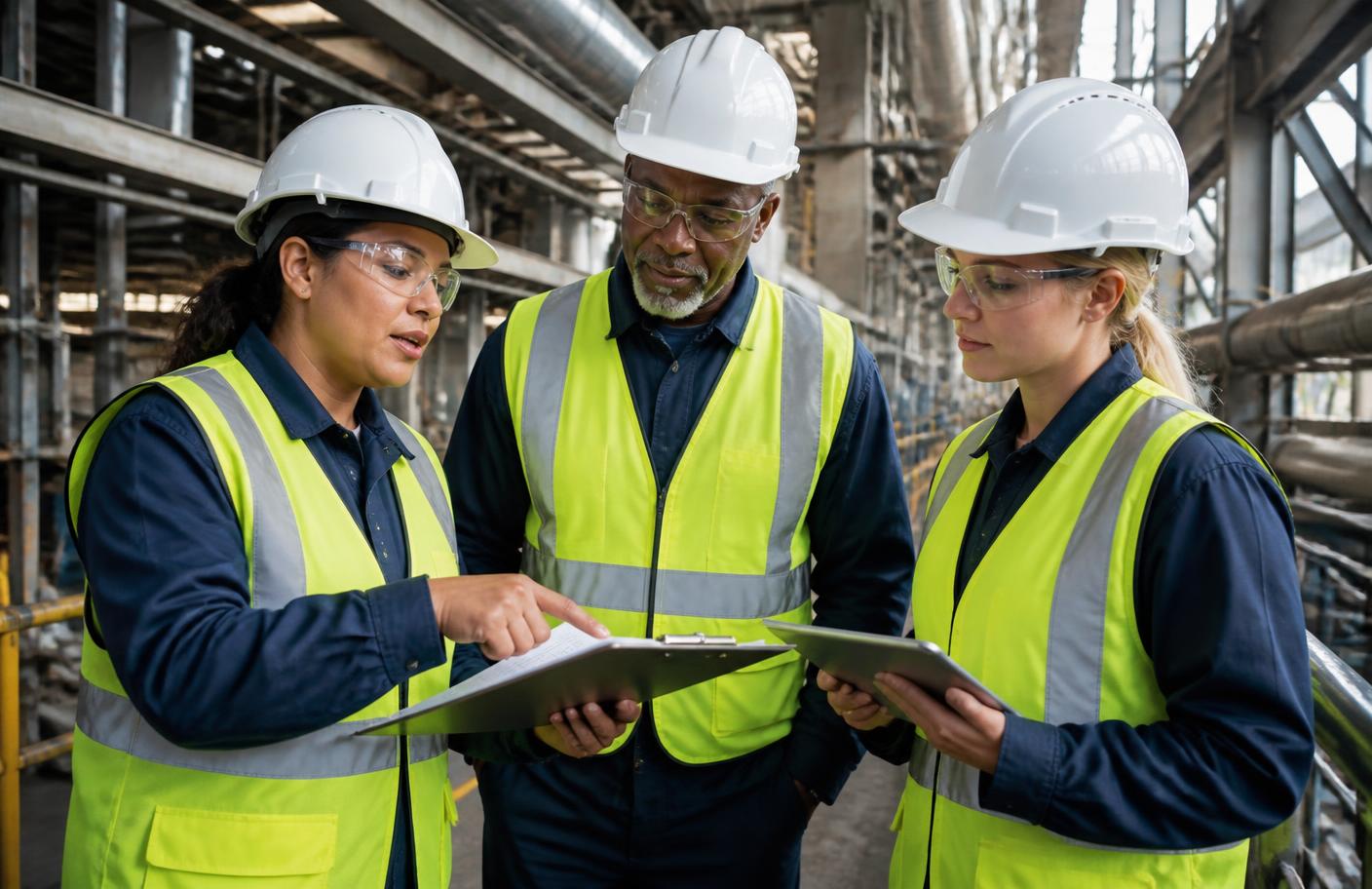 Three plant personnel in hard hats and safety vests reviewing an access-approval document together on a walkway inside a power plant