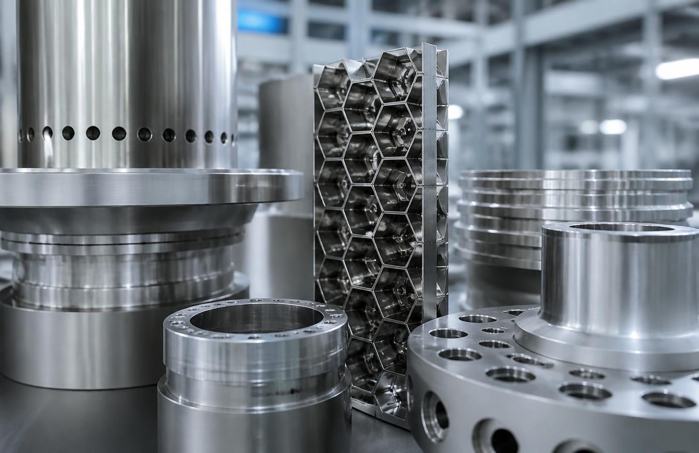 Precision-machined nuclear components arranged on a workbench under industrial lighting