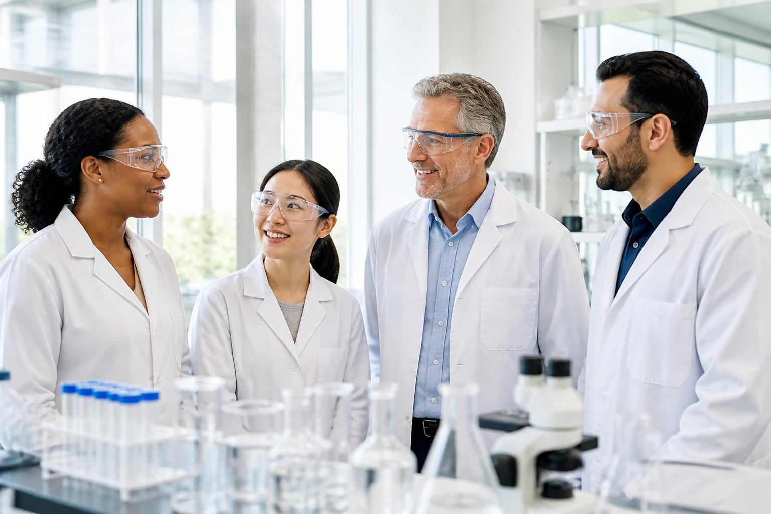A diverse research team of four scientists working together at an instrumentation bench in a nuclear research laboratory