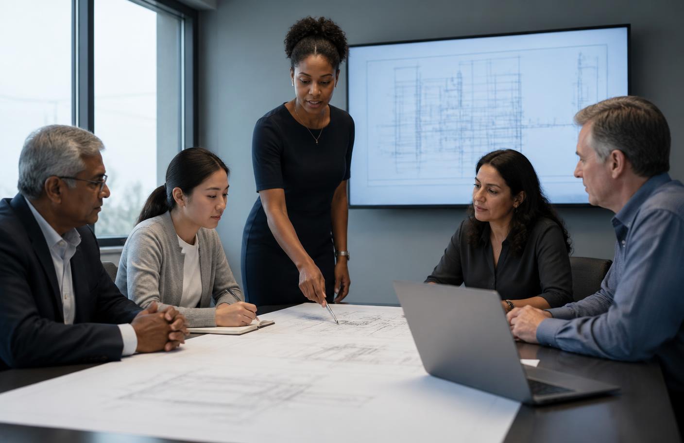 A diverse cross-functional team of engineers and compliance staff reviewing technical drawings together in a conference room