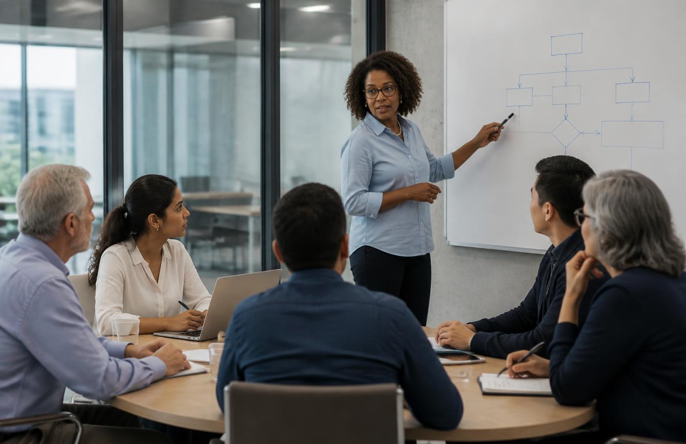 A compliance specialist leading an export-control training session for a diverse group of engineering, HR, and legal staff